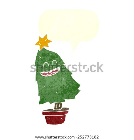 cartoon dancing christmas tree with speech bubble