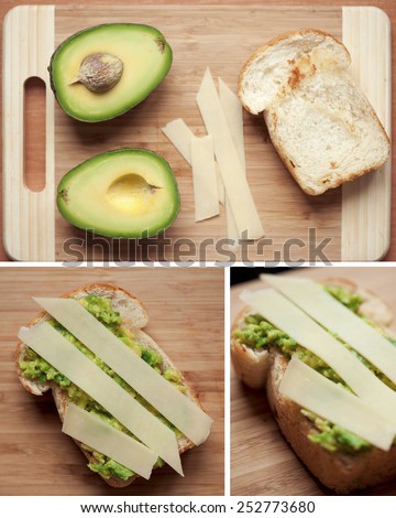 Sandwich with avocado and parmesan on wooden table closeup. Selective focus. Set of images. Breakfast. Good morning. 