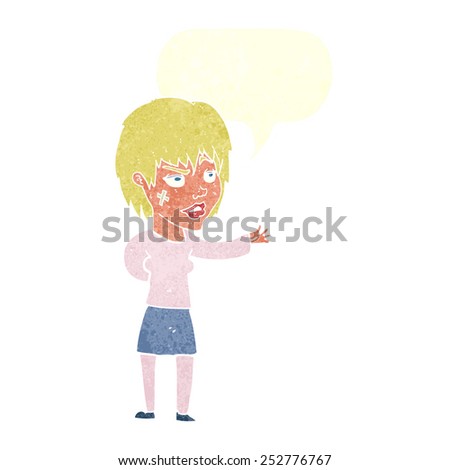 cartoon woman with sticking plaster on face with speech bubble