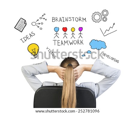 Businesswoman sitting on office chair with hands clasped behind her head, in front of drawing expressing idea of achieving success in business, , on white background