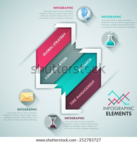 Modern infographics options banner with 4 colorful paper arrows and icons on bright background. Vector. Can be used for web design and  workflow layout