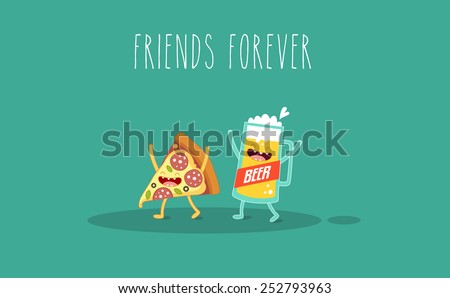 Pizza and glass of beer. Fast food. Vector cartoon. Friends forever. You can use in the menu, in the shop, in the bar, the card or stickers.