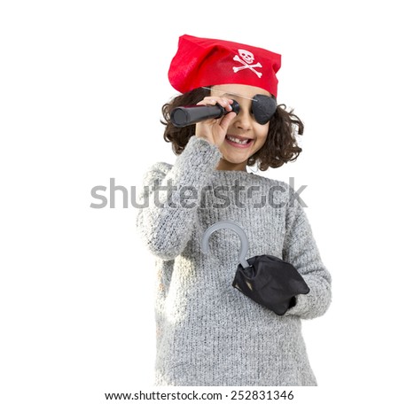 Portrait of a pirate little girl isolated on white