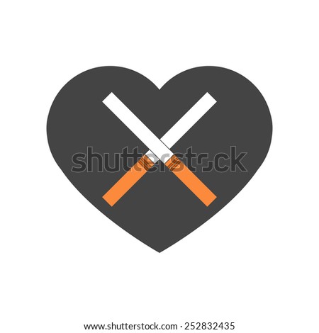 Grey unhealthy heart with crossed cigarettes. Death caused with smoking