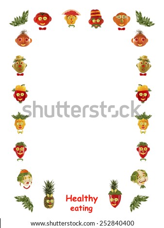Healthy eating. Different faces,  made of vegetables and fruits - frame.