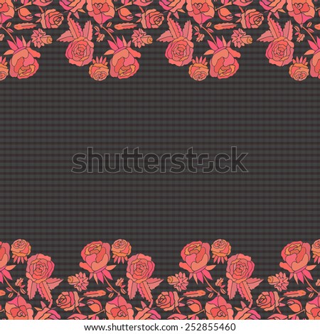 Red roses. Red flowers. On a black background. Abstract. card, frame, edge. Doodle
