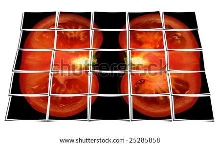 tomato on black background puzzle collage cut out composition over white