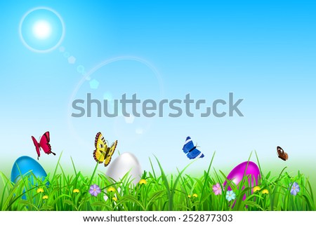 Background with sky, sun, grass, easter eggs, flowers and butterflies