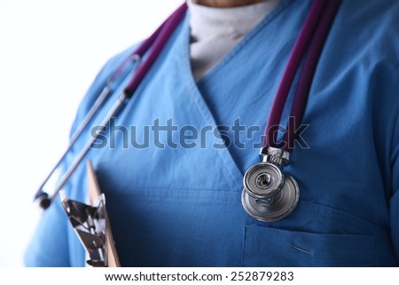 Closeup portrait of a  doctor with stethoscope holding folder
