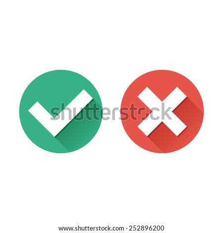 Vector flat check mark icons with long shadow for web and mobile apps. Red and green colors. 