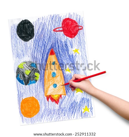 space ship. children drawing hand with crayon.