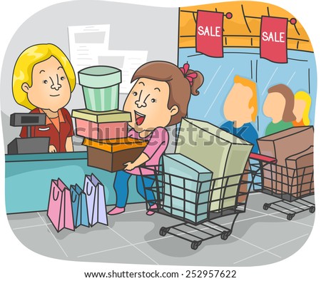 Illustration of a Girl Taking Advantage of a Sale to Go on a Shopping Spree