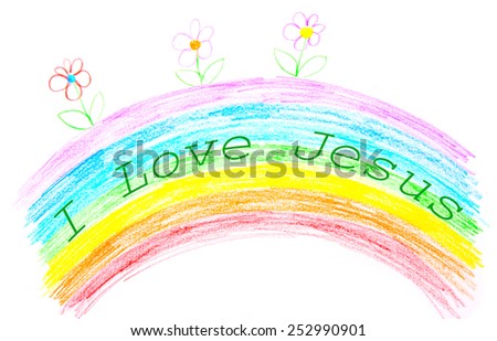 Child's drawing, I love Jesus text writing on rainbow
