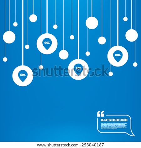 Circles background with lines. Sale pointer tag icons. Discount special offer symbols. 50%, 60%, 70% and 80% percent discount signs. Icons tags hanged on the ropes. Vector