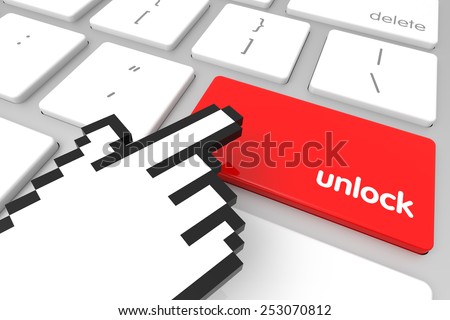 Red Unlock enter key with hand cursor. 3D rendering