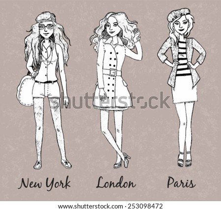 Vector set of 3 hand-drawn female fashion characters