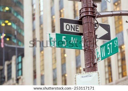 Fifth Avenue sign in pedestrian crossong, midtown Manhattan, NYC