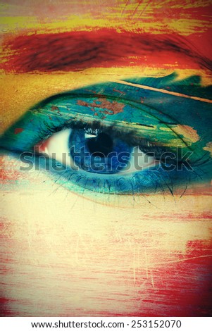 closeup of woman blue eye with texture added,  composite photo
