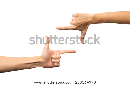 Frame of fingers. Photo sign made by human hands on white background. Alpha.