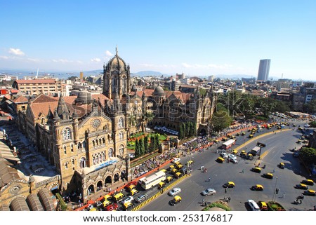 Chatrapati Shivaji Terminus Bird's eyeview and surrounding heritage precinct. Earlier Victoria Terminus it is a terminal, UNESCO World Heritage site and head- quarters for Central Railway. Copy space. Royalty-Free Stock Photo #253176817