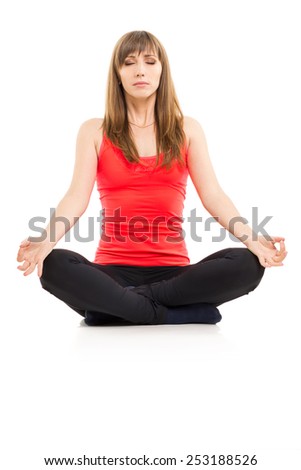 Young caucasian woman exercise yoga training isolated on white background. Pretty girl doing lotus pose