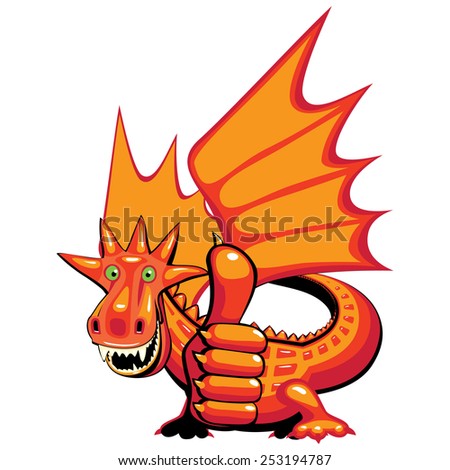 Cheerful dragon showing thumbs down. The body and wings are partially visible. White background. 