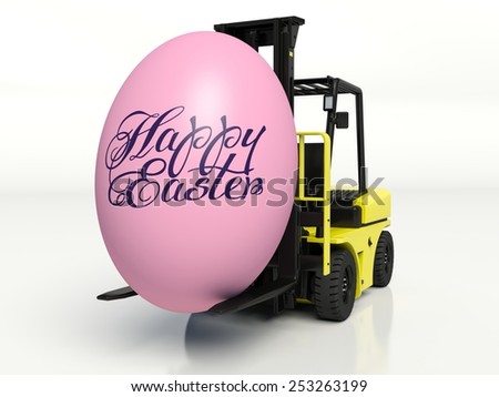 Forklift truck carrying a Easter egg. 3d render illustration. 