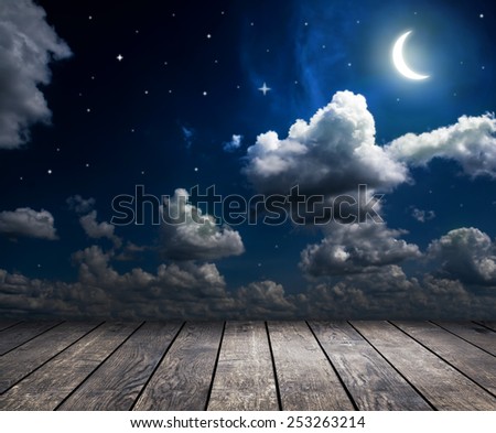 backgrounds night sky with stars and moon and clouds. wood 