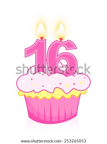 Sweet sixteenth birthday celebration cupcake with candle isolated on white