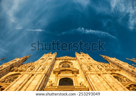 Night view of famous Milan Cathedral (Duomo di Milano) on piazza in Milan, Italy 