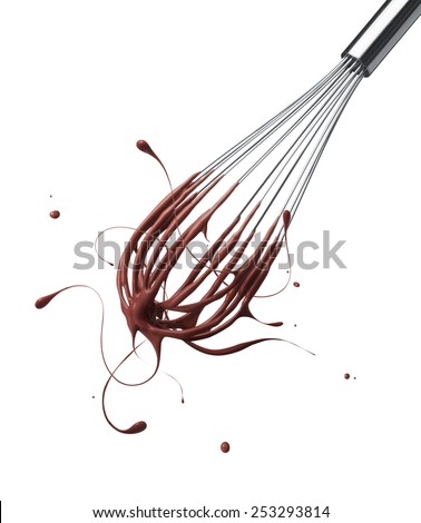 wire whisk with splashing chocolate isolated on white Royalty-Free Stock Photo #253293814