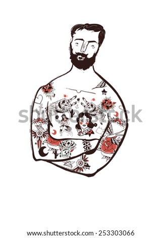 Man with beard and vintage tattoo, hipster