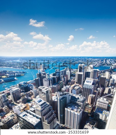 Aerial view of downtown towards Sydney Tower in Sydney , Australia.