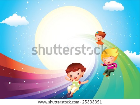 children on rainbow slide