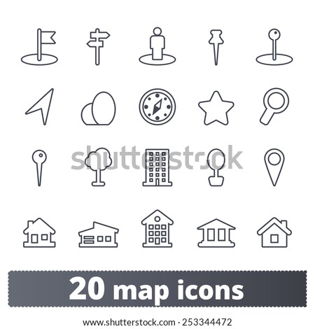 Maps icons: vector set of places, pins and directions symbols. Outline series.
