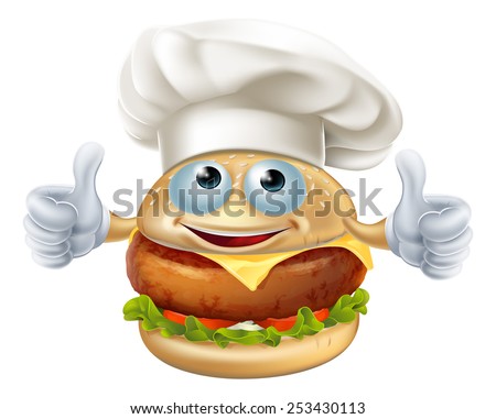 Cartoon chef burger mascot character doing a double thumbs up