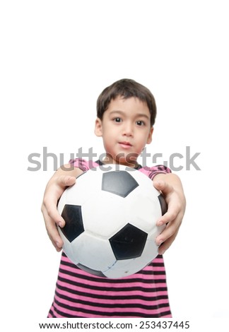 Little boy holding football on white background