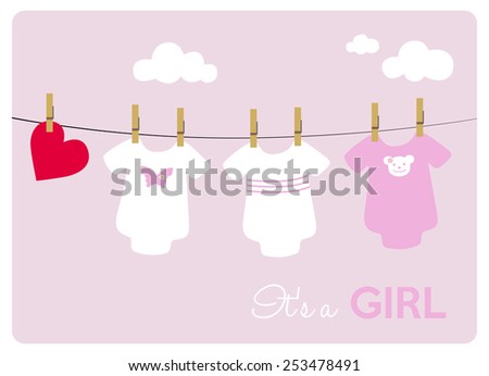 baby girl shower invitation card, different baby bodysuits on light pink background