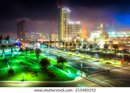 View of Harbor Drive and skyscrapers at night, in San Diego, California.