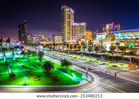 View of Harbor Drive and skyscrapers at night, in San Diego, California.