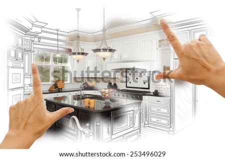 Female Hands Framing Custom Kitchen Design Drawing and Photo Combination. Royalty-Free Stock Photo #253496029