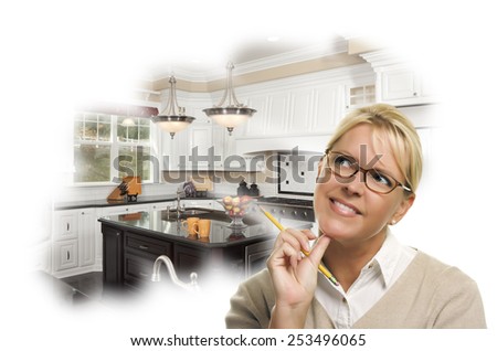 Daydreaming Woman With Pencil Over Custom Kitchen Photo in Thought Bubble.