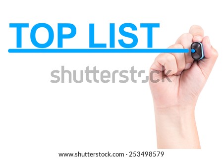 Right hand with blue marker draw top list and line isolated on white background