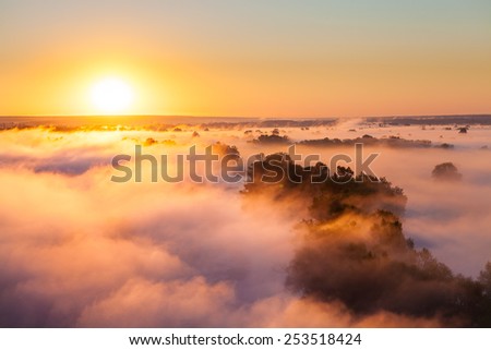 Misty dawn over the Valley and the forest Royalty-Free Stock Photo #253518424