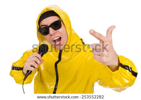 Funny performer with mic isolated on the white
