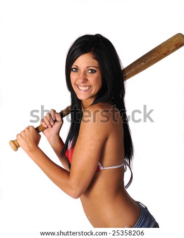 Pretty brunette in a bikini top with a baseball bat over white background.