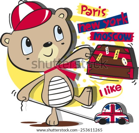 Boy teddy bear with suitcase on white background.