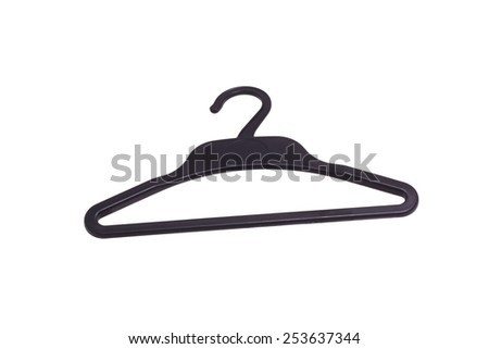 Black plastic clothes hanger. Isolated on white.                               
