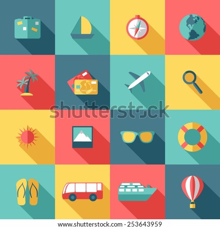 Modern travel and tourism icons vector collection of stylish color. Modern flat style on the square with long shadows