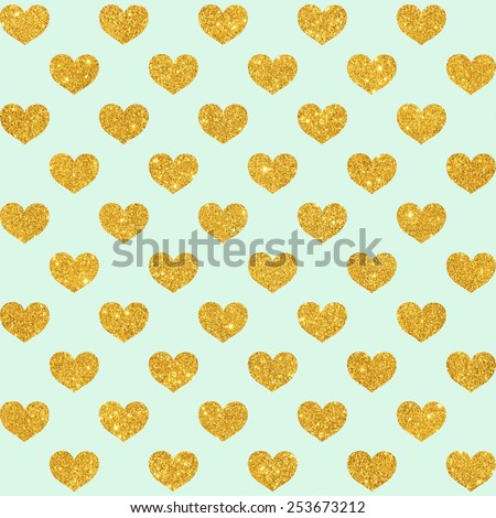 Digital Paper for Scrapbook Mint & Gold Glitter Hearts Pattern seamless Texture Background